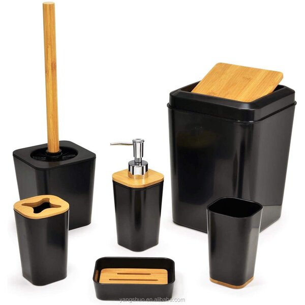 Bathroom Accessory Set - 6-Piece Plastic Wooden Hotel Home Storage Tool