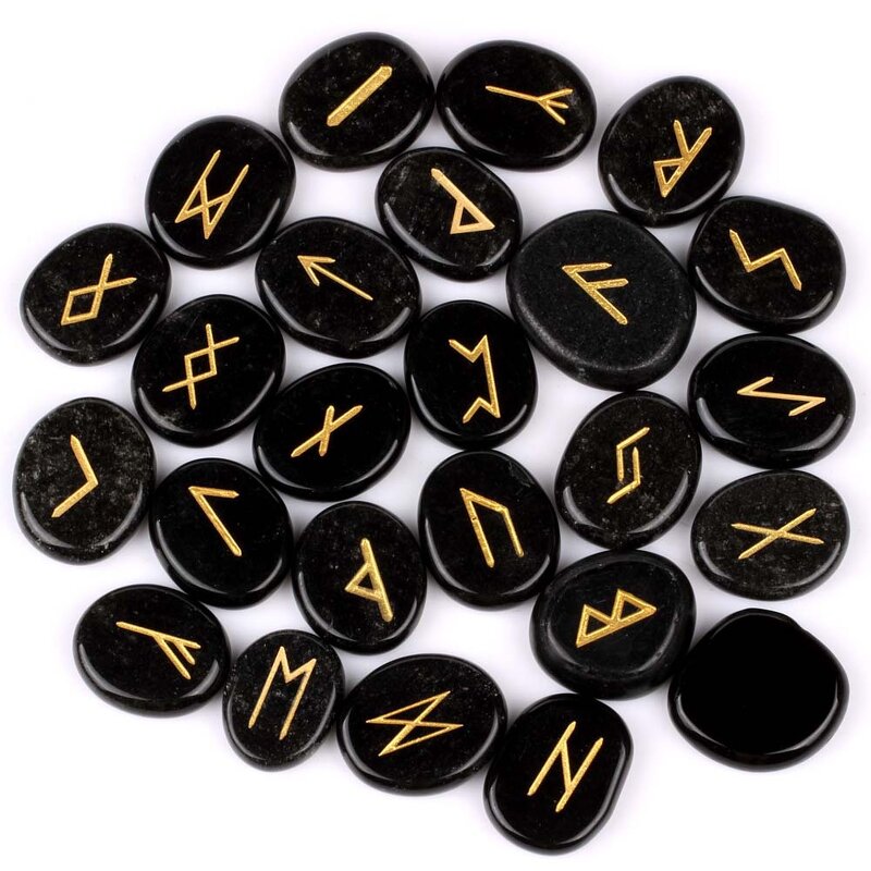 Rune Stones Manufacturer - 25pcs Per Bag Polished Engraved Black Obsidian Natural Gemstone