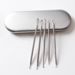 痘痘工具套装源头工厂-高品质银色便携5件痘痘提取器黑头去除器