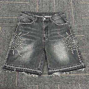 Men's Denim Jorts - Unisex 5 Pockets Rhinestone Y2K Streetwear Shorts
