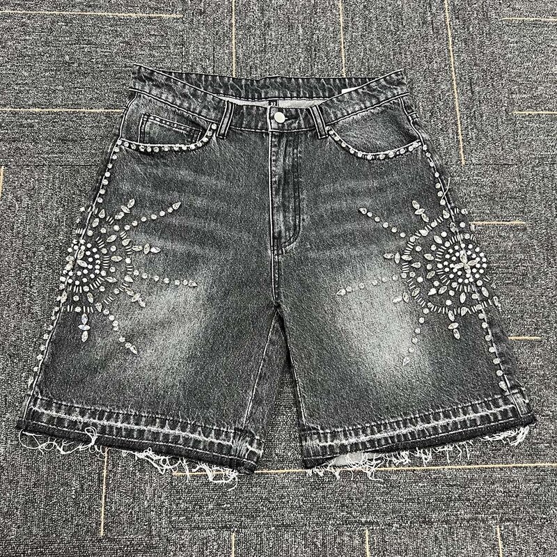 Men's Denim Jorts - Unisex 5 Pockets Rhinestone Y2K Streetwear Shorts