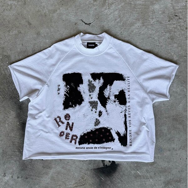 Men's Cropped T-Shirt - Custom Silk Screen Print Y2K White Cotton Tee