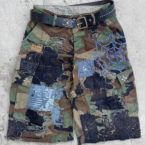 Men's Denim Jorts - Vintage Camo Rhinestone Embroidery Raw Hem Shorts