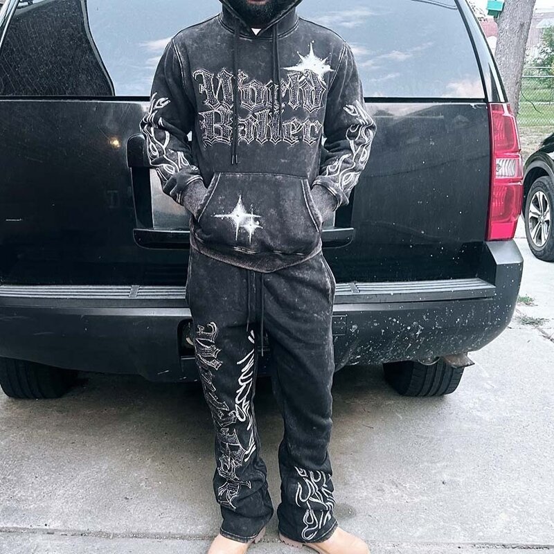 Men's Tracksuit Set - Winter Acid Wash Rhinestone Full Print Sweat Suit