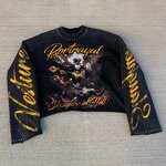 Men's Long Sleeve T-Shirt - Acid Wash Rhinestone Silk Screen Printed Tee