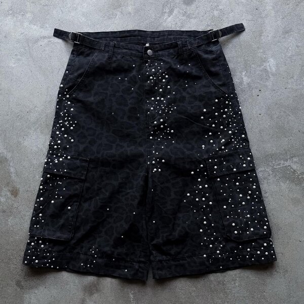 Men's Cargo Jorts - Unisex Low-Rise Rhinestone Camo Streetwear Shorts