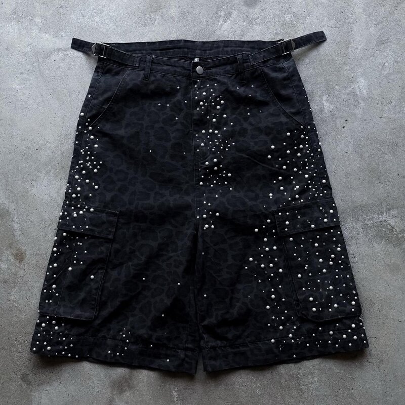 Men's Cargo Jorts - Unisex Low-Rise Rhinestone Camo Streetwear Shorts