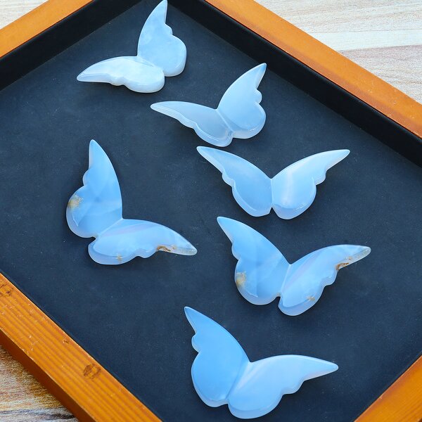 Butterfly Wings Carving Manufacturer - Natural Blue Chalcedony 3D Hand Carved