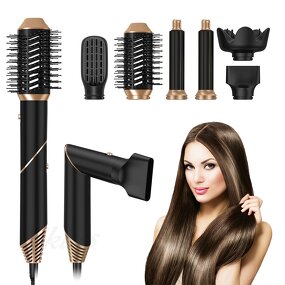 6 in 1 Hot Air Brush - Folding 1000W Dryer Straightener Curler Rotating Brush