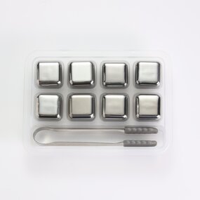 Whiskey Ice Cubes - 8 Piece Square 304 Stainless Steel Reusable with Tongs Storage Tray
