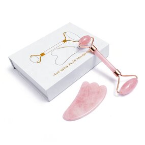 Rose Quartz Roller Kit - 2-in-1 Anti-Aging Gua Sha Face Roller With Box Facial Massage