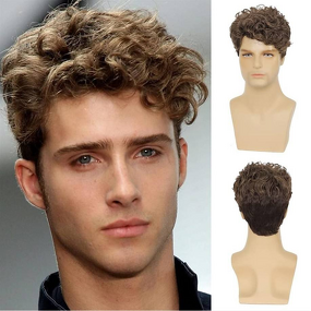 Mens Synthetic Wig - 6 Inch Short Brown French Curl 180% Density Adjustable Daily Wear