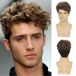 Men's Wig - Camel Short Curly French Curl 180% Density High Temperature Adjustable