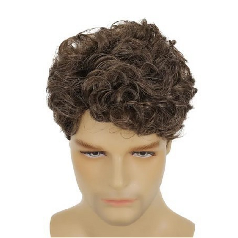 Men's Wig - Camel Short Curly French Curl 180% Density High Temperature Adjustable
