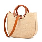 Shoulder Bag Manufacturer - Large Tote with Bamboo Circle Handles Detachable Straw Hand-woven