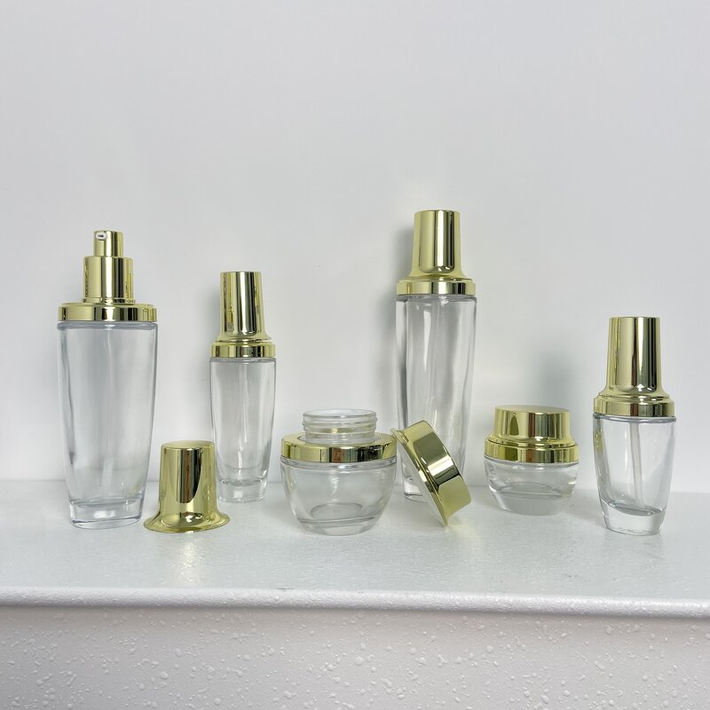 Skincare Bottles Manufacturer - Transparent Glass with Gold Cap 30g to 120g for Cream & OEM
