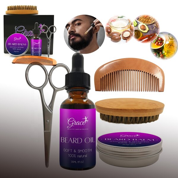 Men Beard Care Kit - Manufacturer - Custom Logo Trimming Brush Comb Balm Oil Serum Growth Set