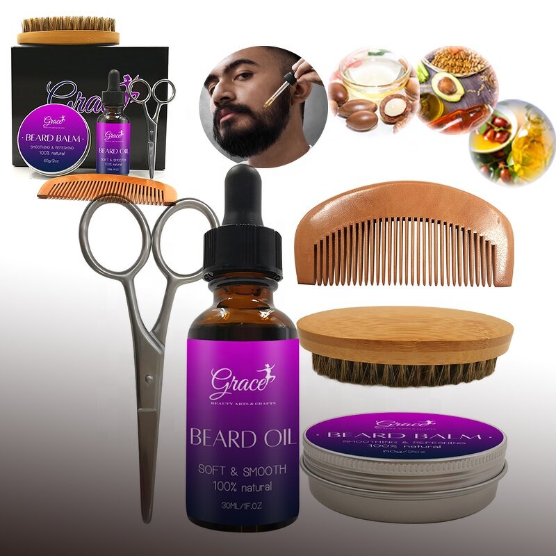 Men Beard Care Kit - Manufacturer - Custom Logo Trimming Brush Comb Balm Oil Serum Growth Set