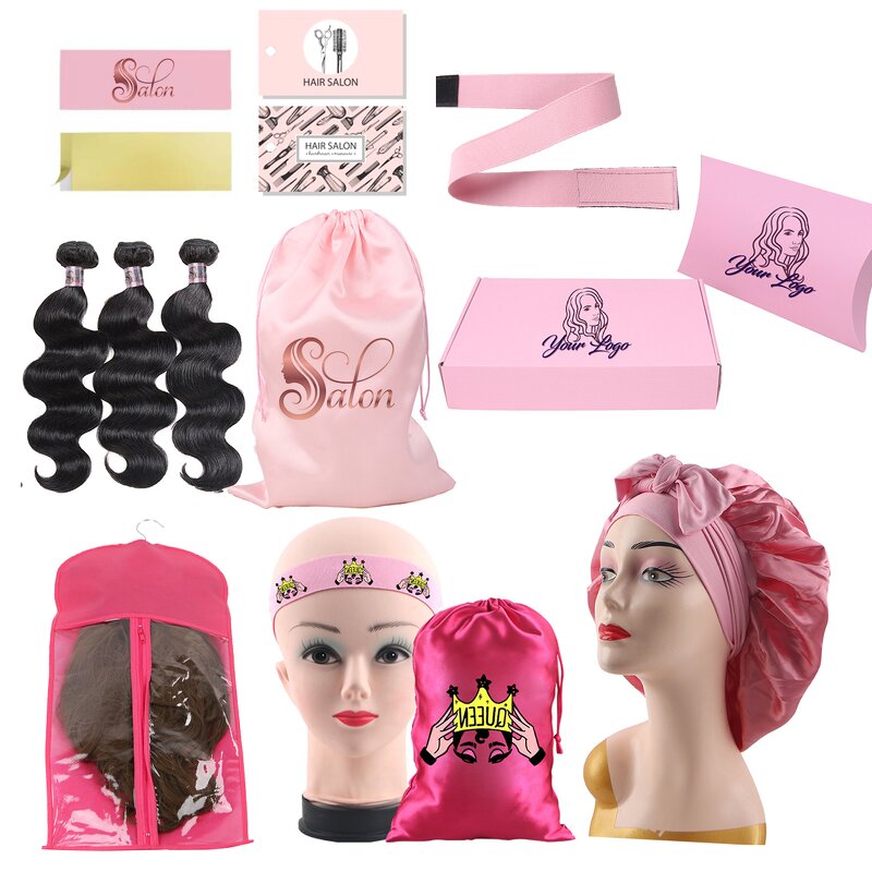 Wig Packaging Set - Manufacturer - Custom Logo Satin Bag Edge Scarf Hang Tag Sticker Bonnets Wrap