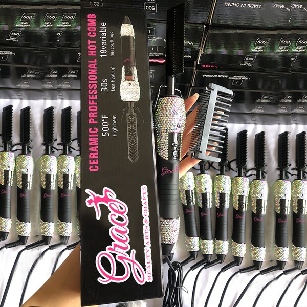 Electric Hot Comb - Manufacturer - Custom Logo LCD 360 Rotation Rhinestones Bling 500F Straightening
