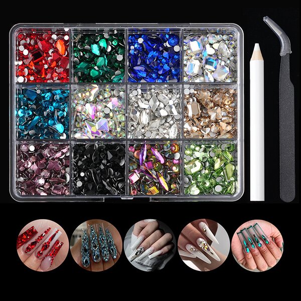 Nail Rhinestones Manufacturer - Wholesale 12 Grids Mix Shape Shiny Crystal 3D