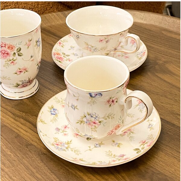 Coffee Cup Set Manufacturer - Vintage British Floral Ceramic with Gold Rim & Tray
