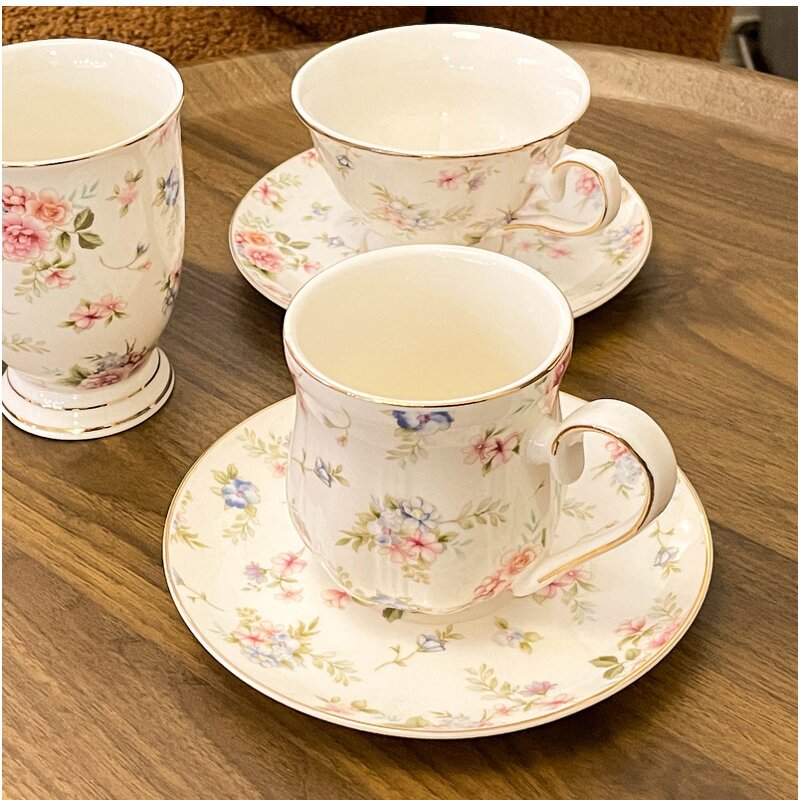 Coffee Cup Set Manufacturer - Vintage British Floral Ceramic with Gold Rim & Tray