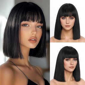 Bob Wig Manufacturer - Straight Short Black with Bangs Heat Resistant Synthetic