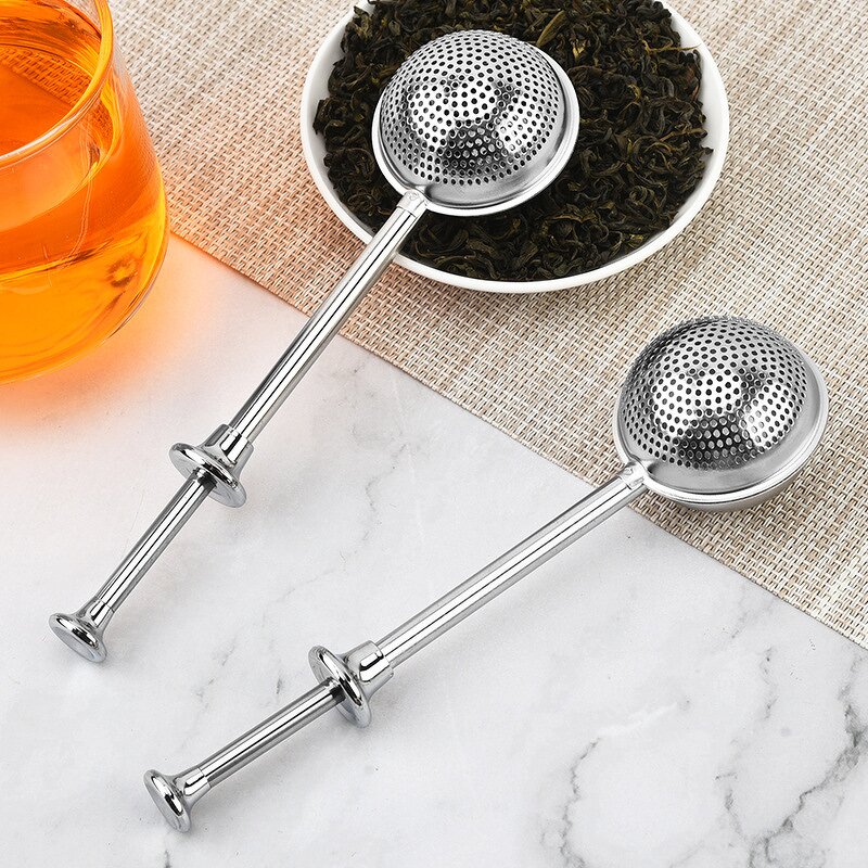 Tea Infuser Manufacturer - Long Handle Stainless Steel Reusable Push Style Strainer