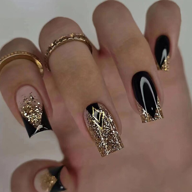 Press-On Nails Manufacturer - Wholesale Black & Gold Square ABS Glossy with Sequins