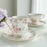 Coffee Cup Set Manufacturer - Vintage British Floral Ceramic with Gold Rim & Tray