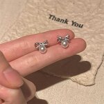 Earrings - Manufacturer S925 Silver 6mm Pearl Bow Zircon Luxury Exquisite Stud
