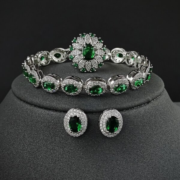 Jewelry Set - Manufacturer Green Oval Zircon Ring Bracelet Earring 3PCS