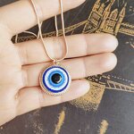 Necklace - Manufacturer 18K Gold Snake Chain 19MM Blue Evil Eyes Pendant