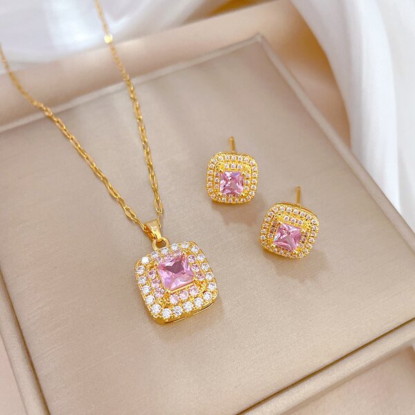 Jewelry Set - Manufacturer Micro Pave CZ Square Diamond Necklace Earring