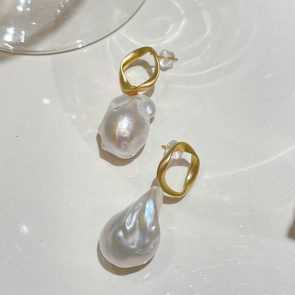 Pearl Earrings Manufacturer - 007E Baroque Drop Hoop Gold Plated for Women