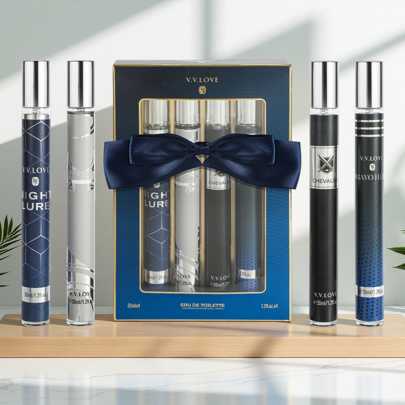 Perfume Set Manufacturer - V.V.LOVE Men's 4-Pieces 35ML Pocket Set Woody & Spicy with Bow-Wrapped Packaging