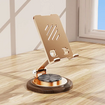 Phone Stand Manufacturer - Walnut Wood Base Folding Metal Anti Slip 360° Rotating Bracket for iPhone 17 Live Streaming