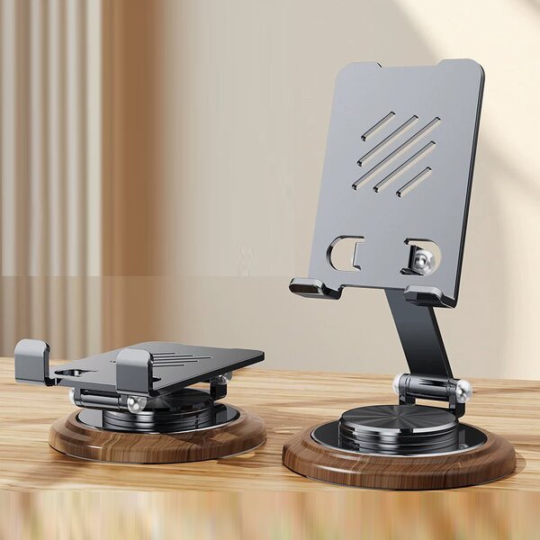 Phone Stand Manufacturer - Walnut Wood Base Folding Metal Anti Slip 360° Rotating Bracket for iPhone 17 Live Streaming