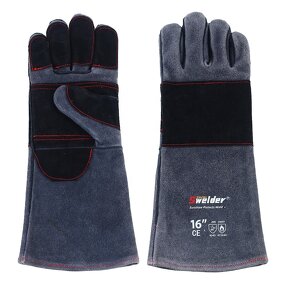 BBQ Grill Gloves Manufacturer - Swelder Premium 16inch Gauntlet Black Gray Double Reinforced Leather Heat Resistant