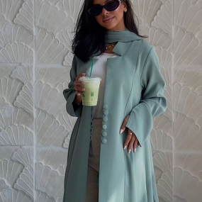 Abaya Manufacturer - Princess Sleeves Suit Collar Green Open Coat With Hijab