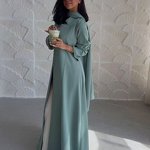 Abaya Manufacturer - Princess Sleeves Suit Collar Green Open Coat With Hijab