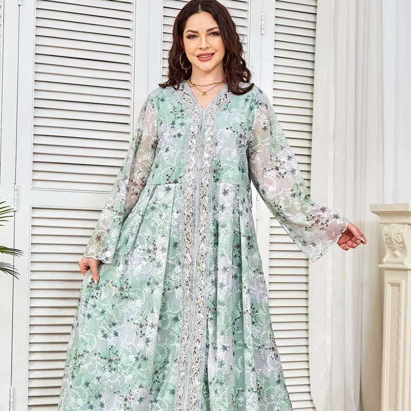 Kaftans - Middle East Dubai Green Silver Printing Eid Caftan Moroccan