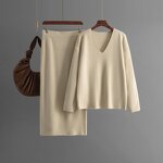 Women Set - 2024 V-neck Long Sleeve Loose Knit Top Pants Winter