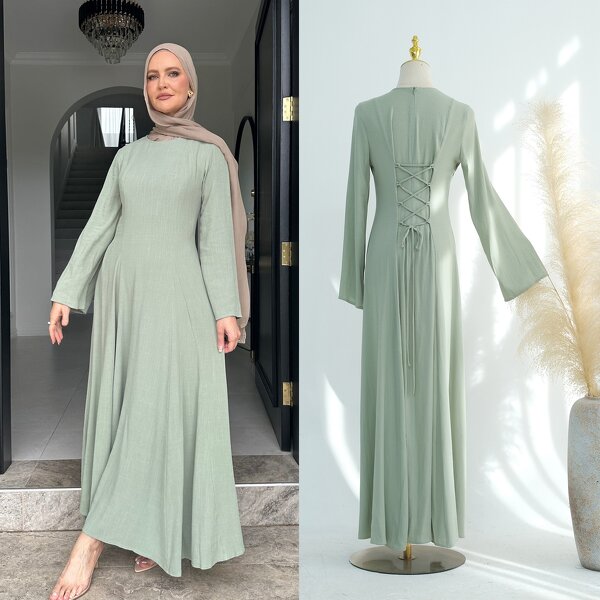 Abaya Manufacturer - 5 Colors Linen Cotton With Strings Tied Eid Modest Dress