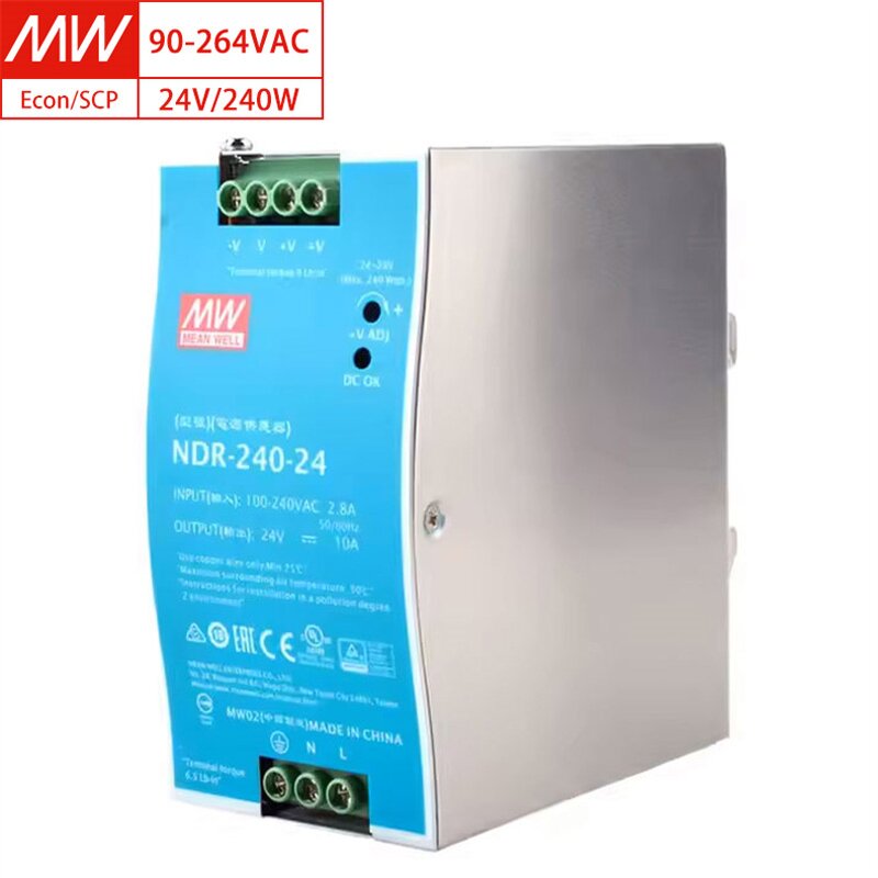 DIN Rail Power Supply Manufacturer - MEAN WELL NDR-240-24 24V 10A 240W 88.5% Eff. for Industrial Automation USA Shipping