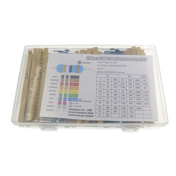 Resistor Kit - 1280PCS 1/4W 1% 1ohm-10Mohm 64 Values Metal Film