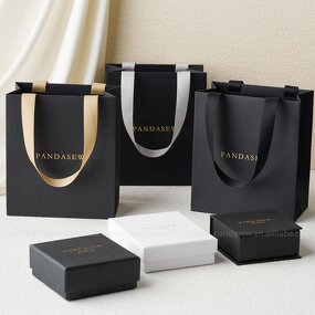 Paper Bag Manufacturer - Custom Logo Recycled Black Gift Bag Ribbon Rope Kraft Shopping