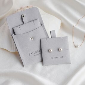 Jewelry Pouch Manufacturer - Custom Logo Gray Microfiber Snap Button with Insert Pad