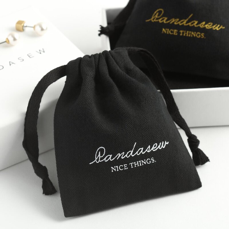 Cotton Bag Manufacturer - Custom Logo Black Herringbone Cotton Jewelry Drawstring
